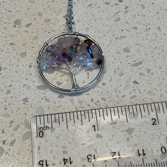Crushed Stone Silver Color Tree Of Life Necklace - Picture 3 of 9